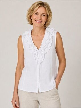 Jones New York white sleeveless ruffle linen top size XL